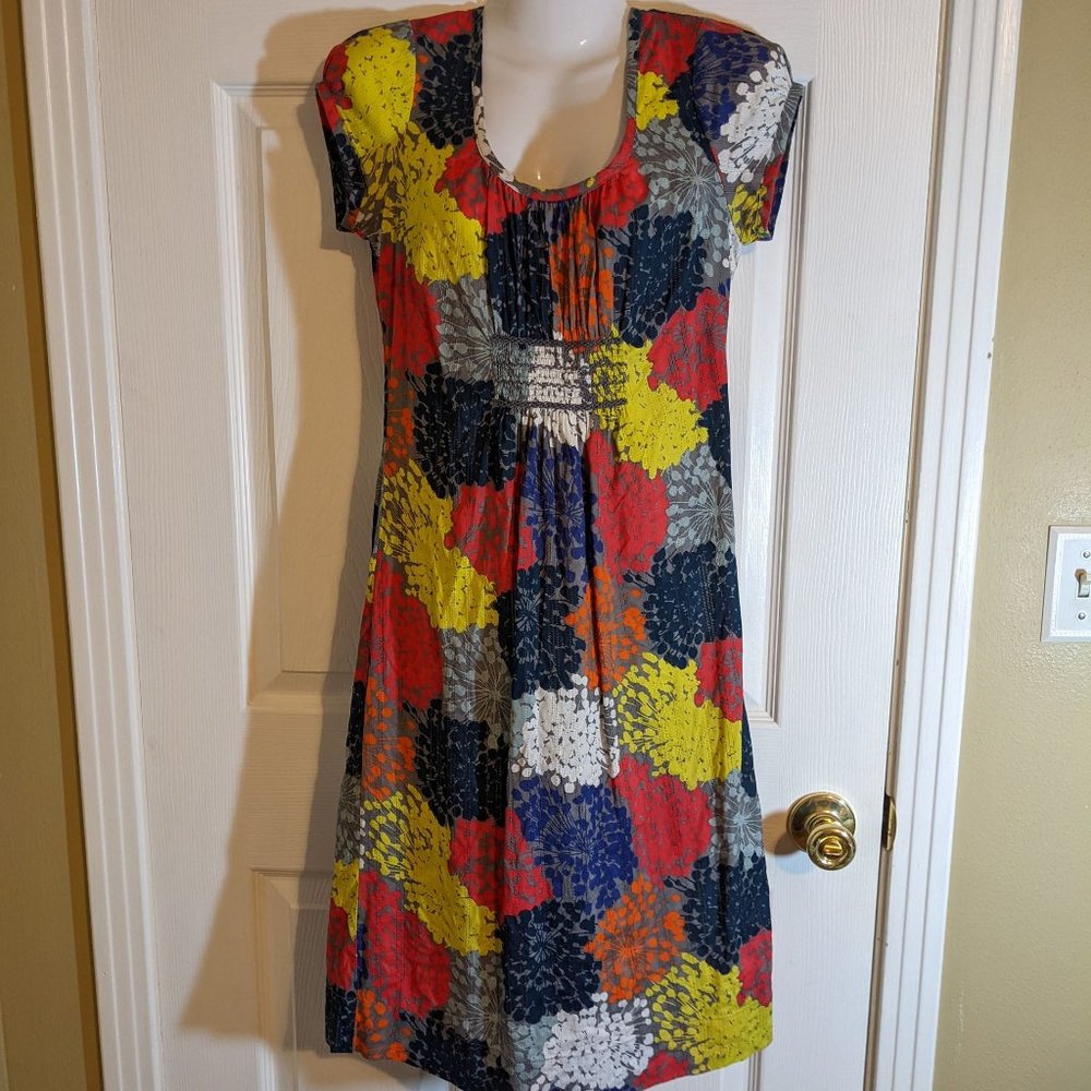 Boden Breezy Colorful Red Yellow Blue Dandelion Shift Midi Dress - size 4 L